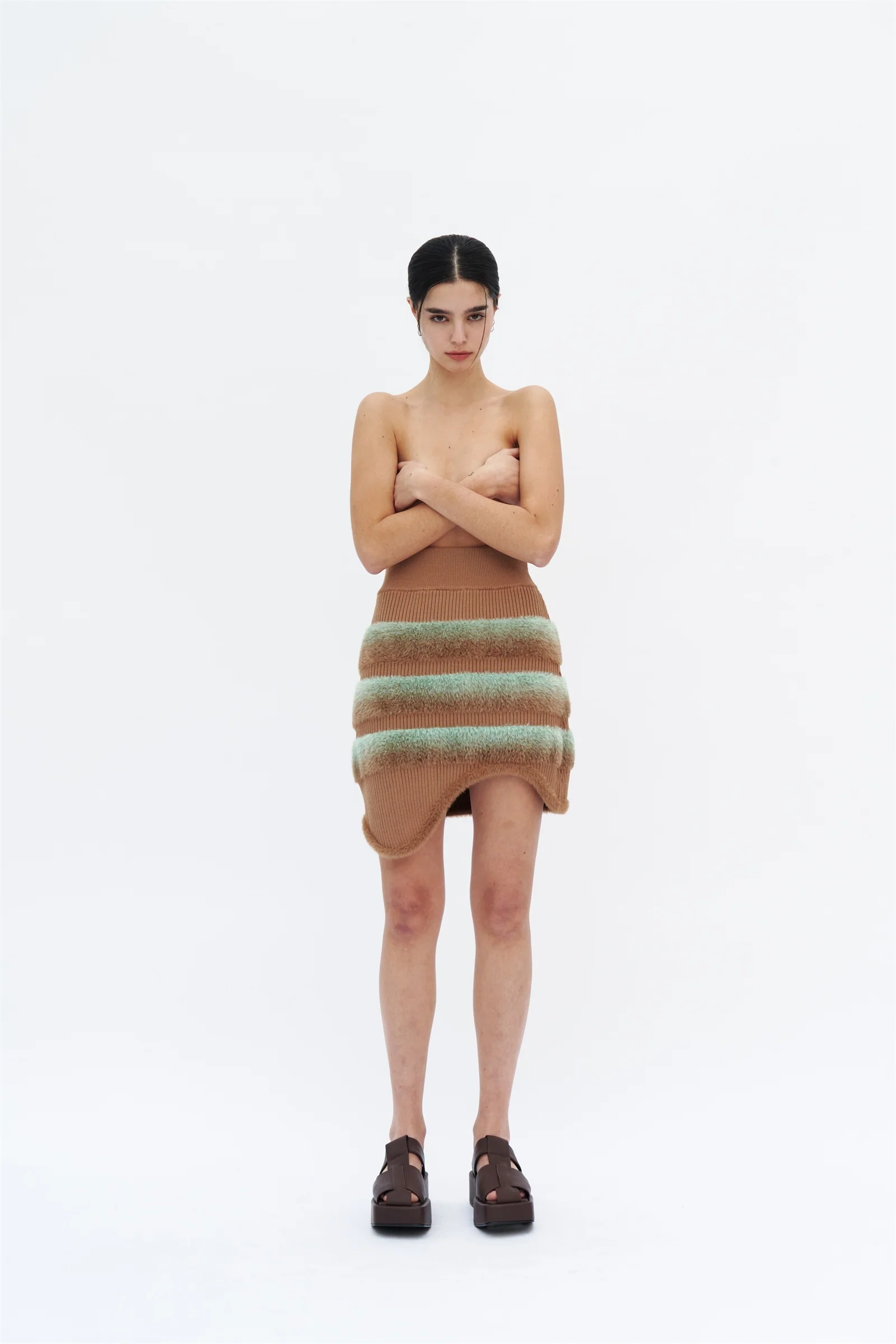 CRYSTAL FAUX FUR TRIMMED WAVY MINI SKIRT