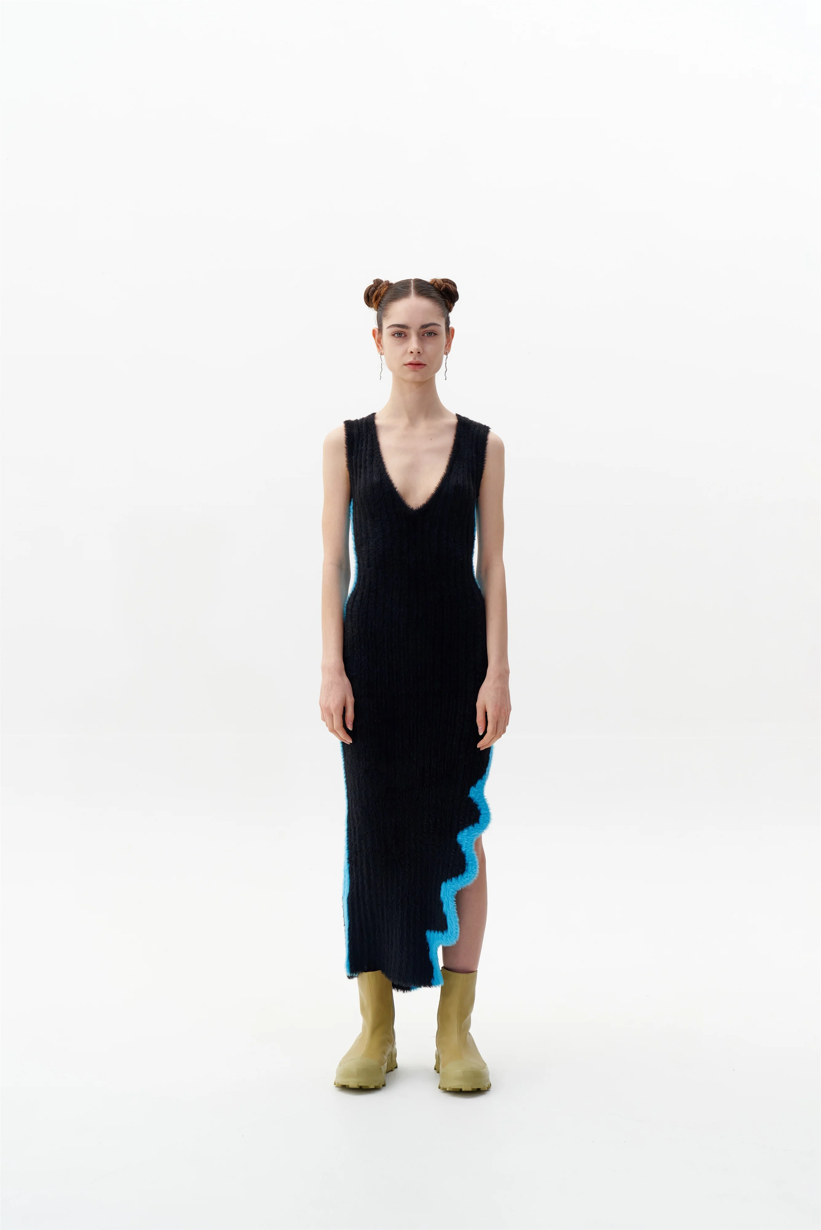 SATURN ECO FAUX FUR REVERSIBLE LONG DRESS WITH SIDE SLIT