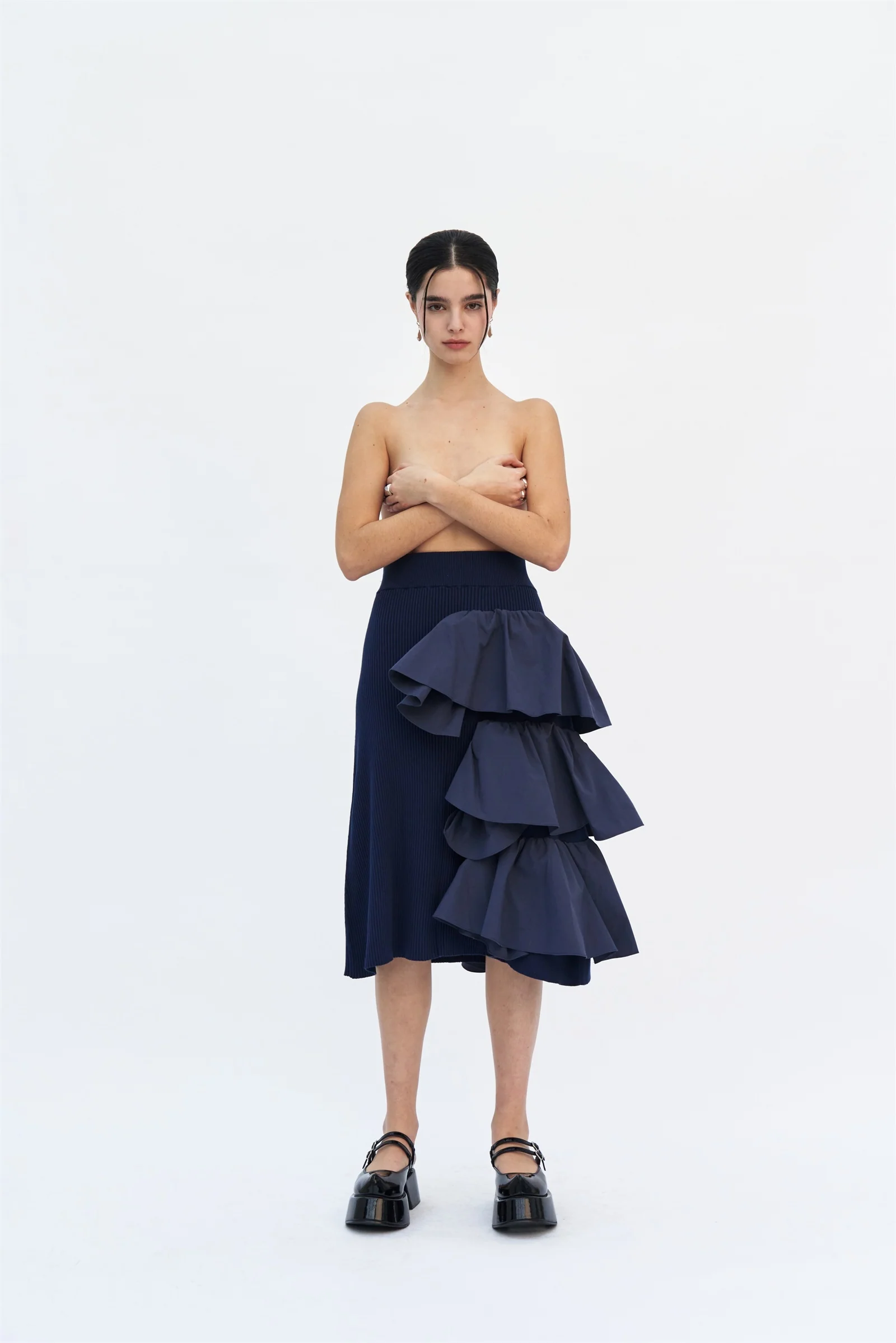 TETRA KNIT WOVEN MIDI VOLUME SKIRT